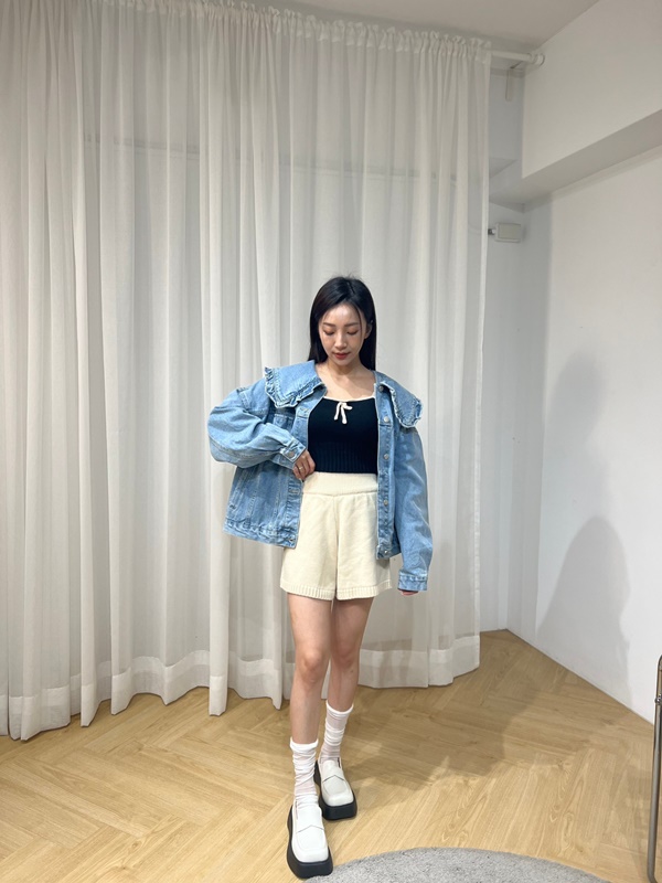 坑條針織感寬腰頭短褲